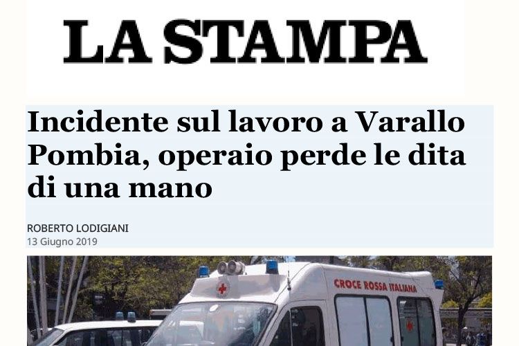 Incidente sul lavoro Varallo Pombia perde le dita di una mano